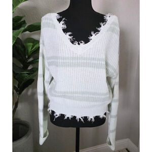 Women's Rue21 M White Green Striped Distressed V-Neck Sweater